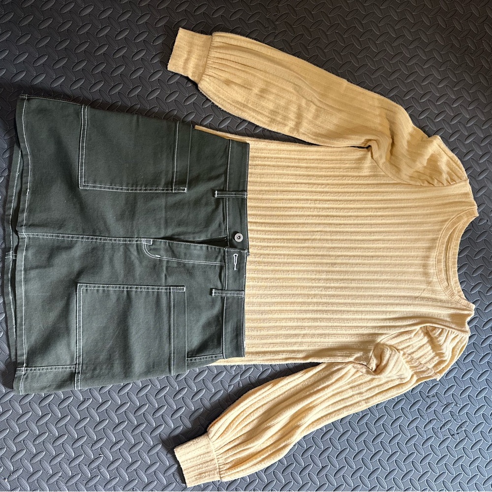 Ribbed Knit Sweater with Green Skirt